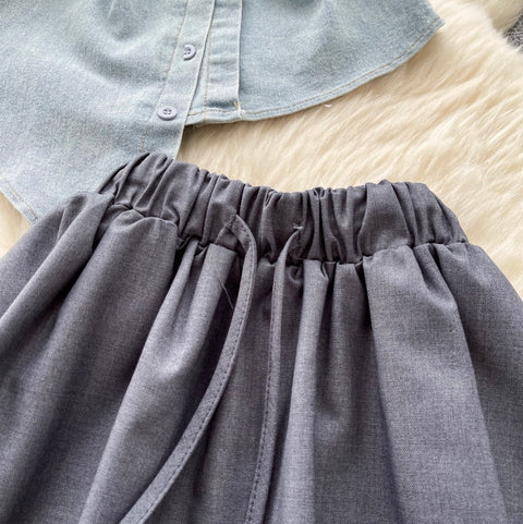 Asymmetric Top & Pleated Skirt Denim 2Pcs