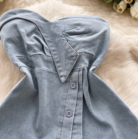 Asymmetric Top & Pleated Skirt Denim 2Pcs