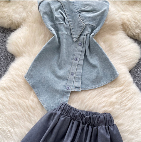 Asymmetric Top & Pleated Skirt Denim 2Pcs