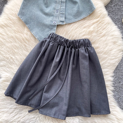Asymmetric Top & Pleated Skirt Denim 2Pcs