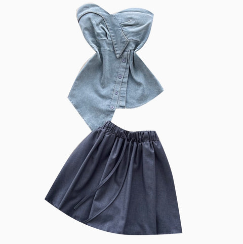 Asymmetric Top & Pleated Skirt Denim 2Pcs