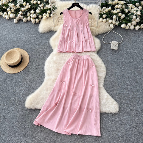 Bow Pleated Top & Skirt Casual 2Pcs