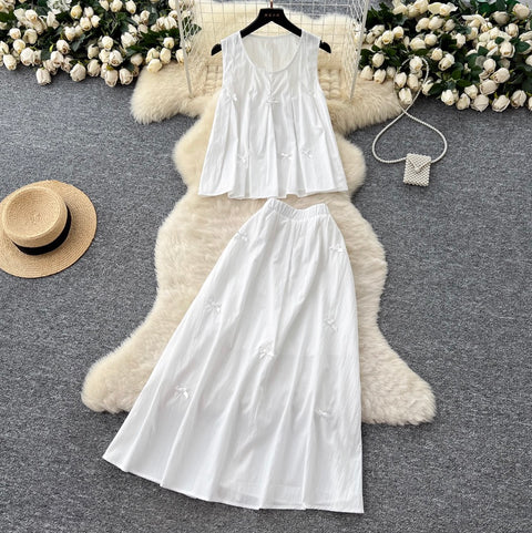 Bow Pleated Top & Skirt Casual 2Pcs
