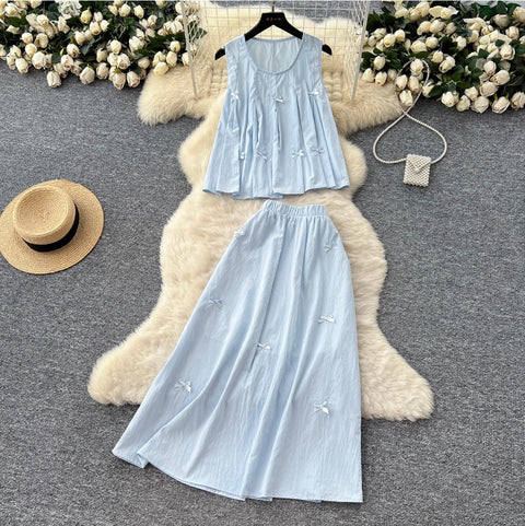 Bow Pleated Top & Skirt Casual 2Pcs