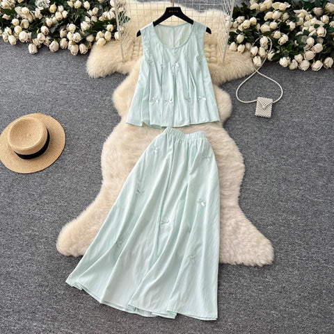 Bow Pleated Top & Skirt Casual 2Pcs