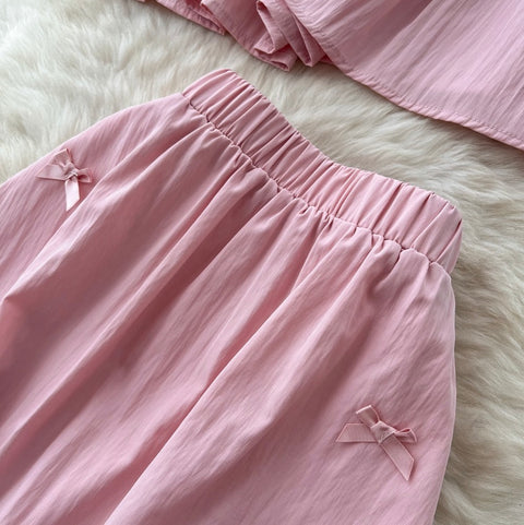 Bow Pleated Top & Skirt Casual 2Pcs
