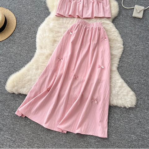Bow Pleated Top & Skirt Casual 2Pcs
