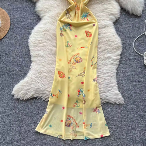 Sexy Bodycon Printed Yellow Slip Dress