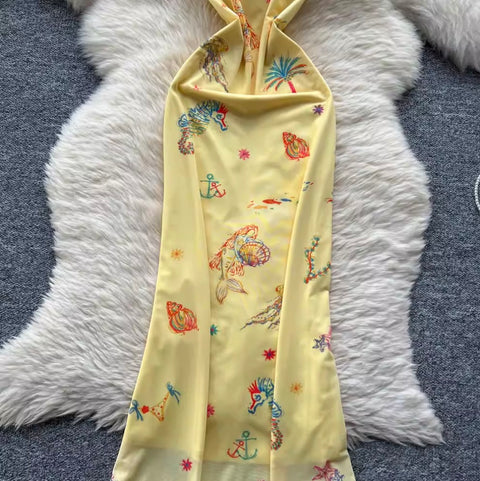 Sexy Bodycon Printed Yellow Slip Dress