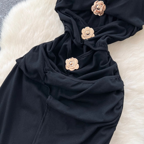 Metal Flower Black Halter Dress