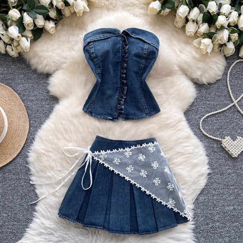 Tank Top & Lace-up Skirt Denim 2Pcs