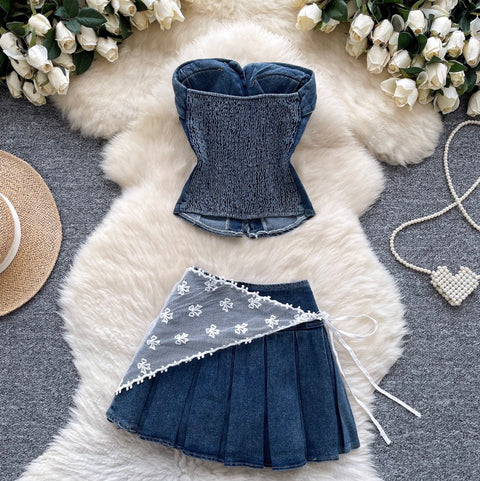 Tank Top & Lace-up Skirt Denim 2Pcs