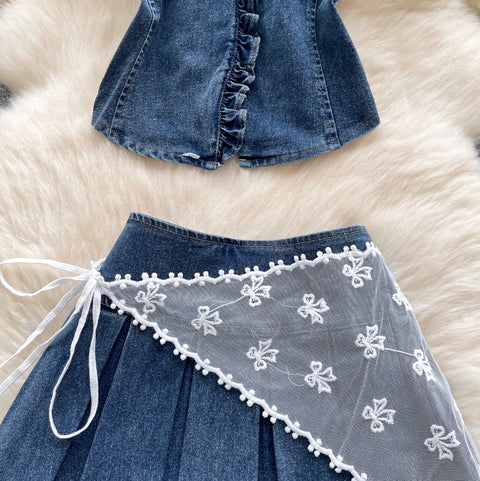Tank Top & Lace-up Skirt Denim 2Pcs