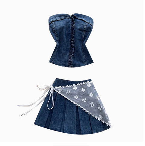 Tank Top & Lace-up Skirt Denim 2Pcs