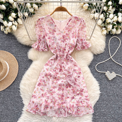 V-neck Puffy Sleeve Pink Floral Dress