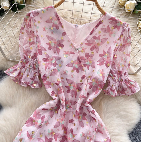 V-neck Puffy Sleeve Pink Floral Dress