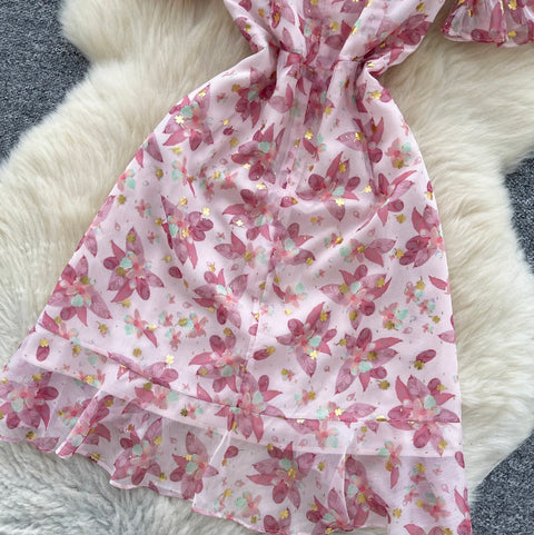 V-neck Puffy Sleeve Pink Floral Dress