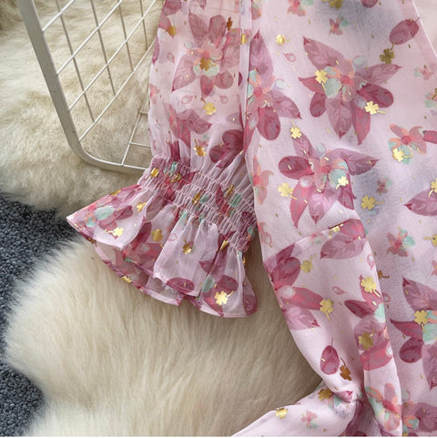 V-neck Puffy Sleeve Pink Floral Dress