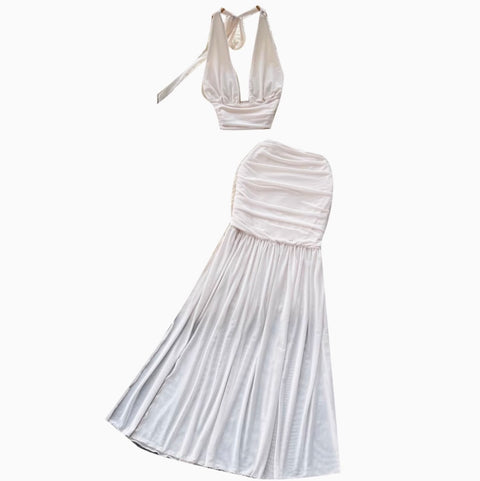 Deep V-neck Halter Top & Patchwork Skirt 2Pcs