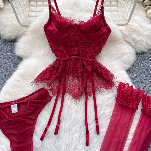 Sexy Lace Camisole & Pantie & Stockings 3Pcs