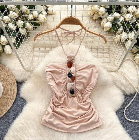 Bohemian Style Rhinestone Studded Halter Top