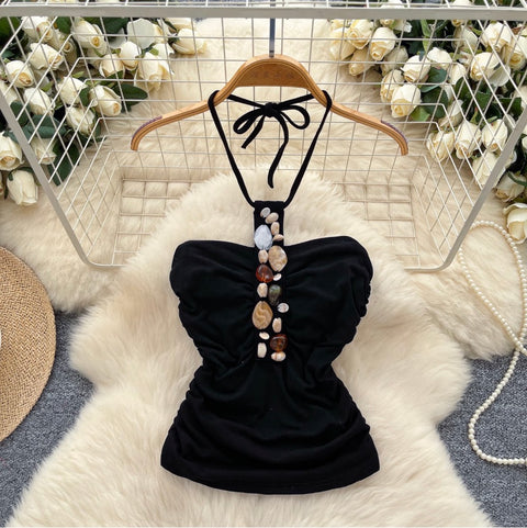 Bohemian Style Rhinestone Studded Halter Top