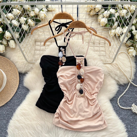 Bohemian Style Rhinestone Studded Halter Top