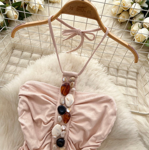 Bohemian Style Rhinestone Studded Halter Top