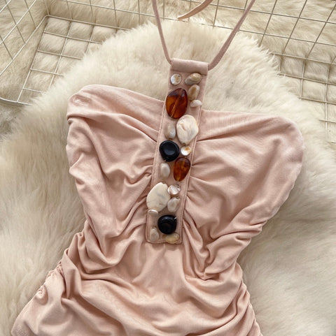 Bohemian Style Rhinestone Studded Halter Top