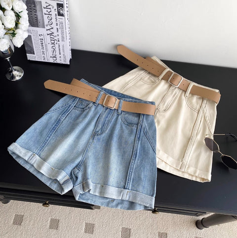 Rolled-up Denim Shorts with Belt