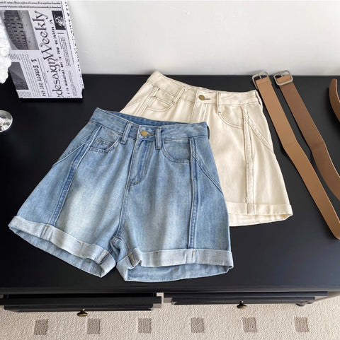 Rolled-up Denim Shorts with Belt