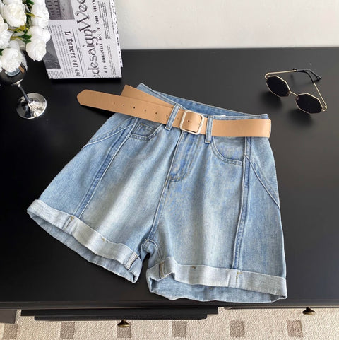 Rolled-up Denim Shorts with Belt
