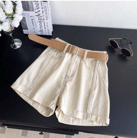 Rolled-up Denim Shorts with Belt