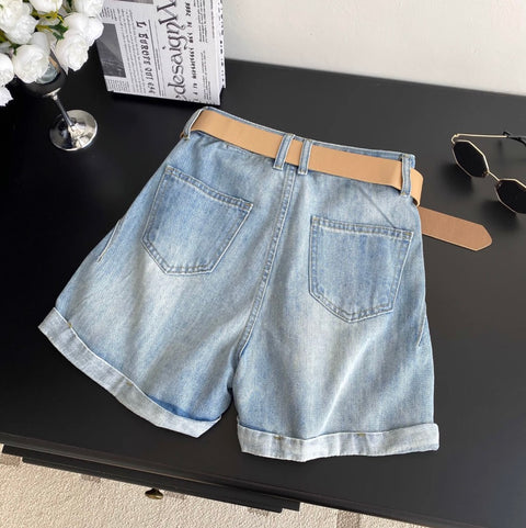 Rolled-up Denim Shorts with Belt
