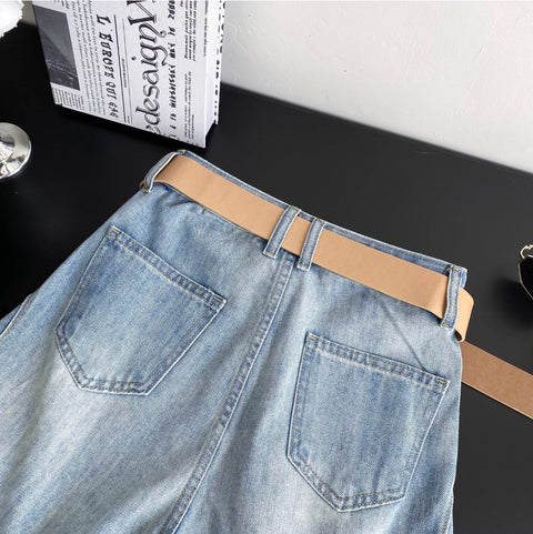 Rolled-up Denim Shorts with Belt