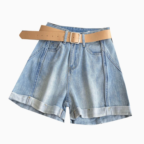 Rolled-up Denim Shorts with Belt