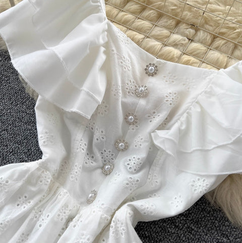 Mori Layered Hem Embroidered White Dress