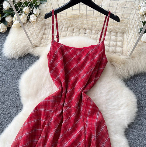 Chic Red Plaid Printed Slip Dress