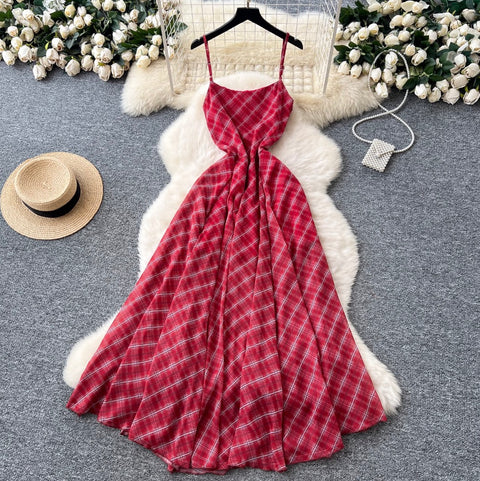 Chic Red Plaid Printed Slip Dress