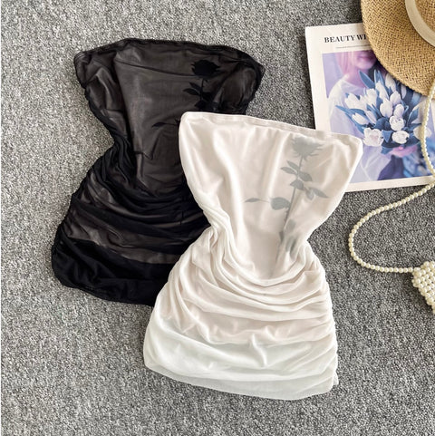 Off-shoulder Pleated Mesh Tank Top