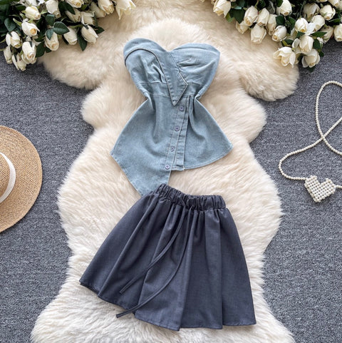 Asymmetric Top & Pleated Skirt Denim 2Pcs