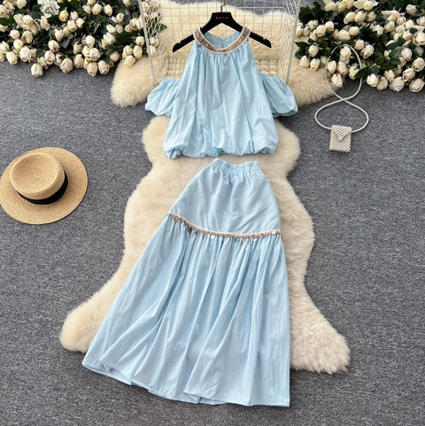 Fringed Bead Halter Top & Skirt 2Pcs