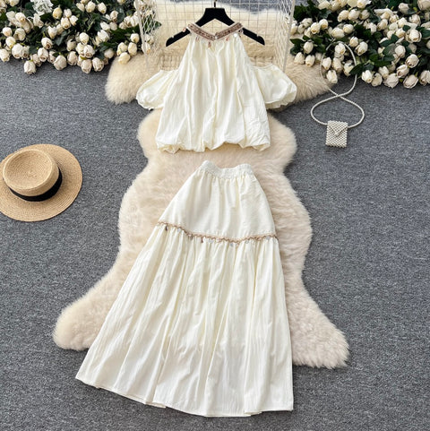 Fringed Bead Halter Top & Skirt 2Pcs