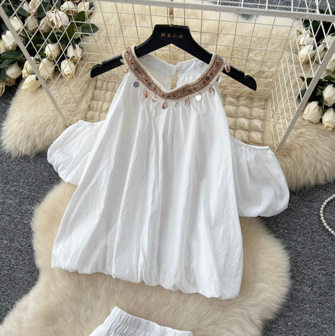Fringed Bead Halter Top & Skirt 2Pcs
