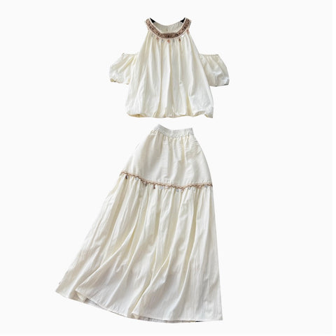 Fringed Bead Halter Top & Skirt 2Pcs