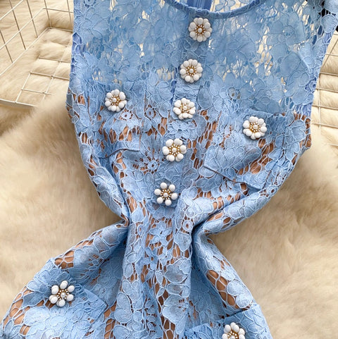 High-end Embroidered Blue Lace Dress