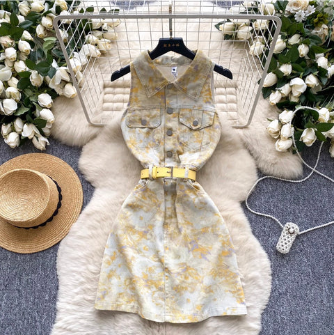 Lapeled Floral Printed Denim Dress