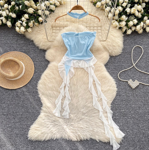 Irregular Design Ruffled Top with Choker
