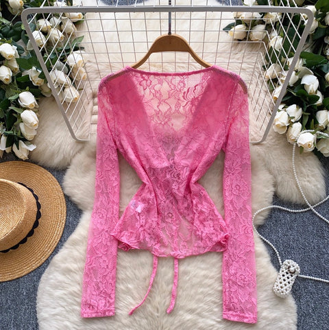 V-neck Embroidery Crochet Mesh Top