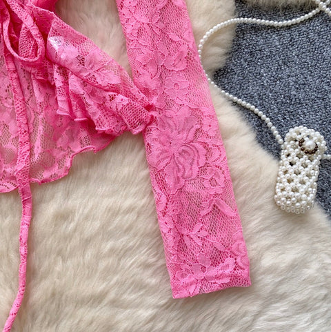 V-neck Embroidery Crochet Mesh Top